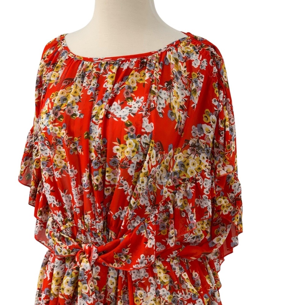 Suzanne Betro‎ Red Floral Tunic Top Boho Ruffle Flutter Sleeves Elastic Waist 1X - Picture 4 of 8